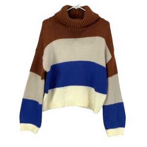 Lulus Brown Cream Blue Stripe Turtleneck Chunky Knit Pullover Sweater Medium